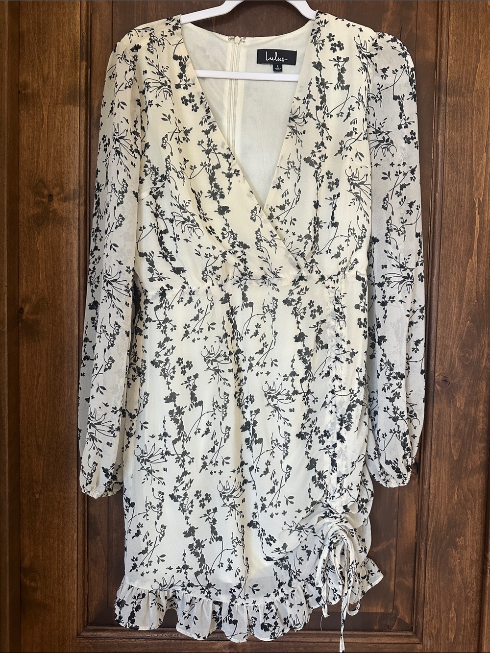 Lulu's Ivory Floral Wrap-Style Long Sleeve Dress